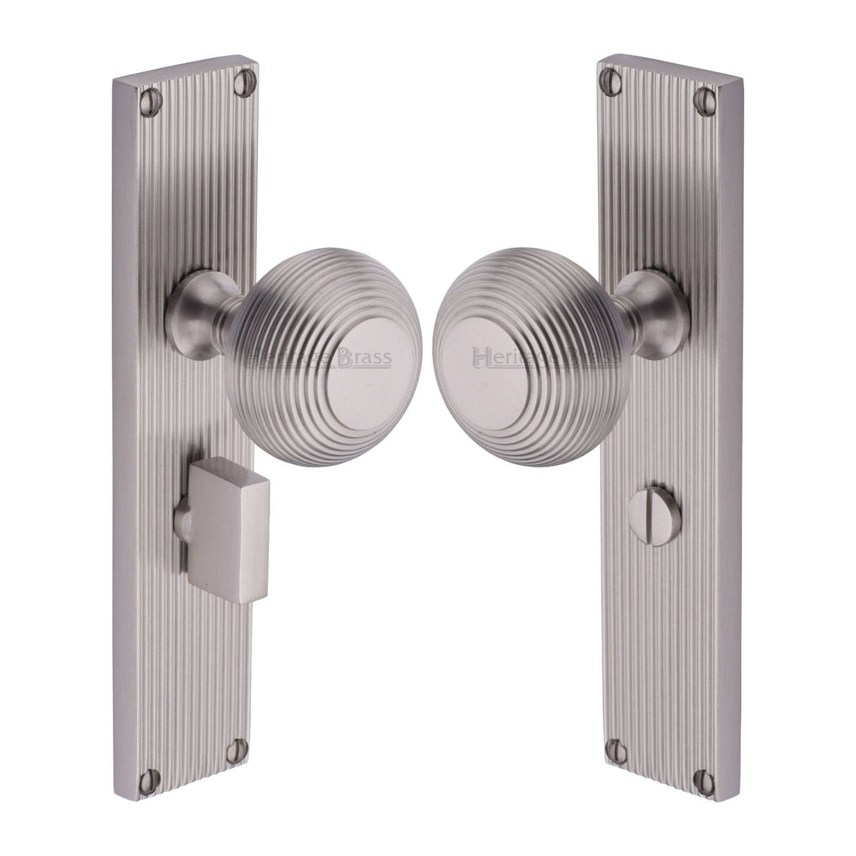 Heritage Brass Door Furniture Satin Nickel / Mortice Knobs Heritage Brass Mortice Knob on Reeded Bathroom Plate Beehive Design Satin Nickel finish