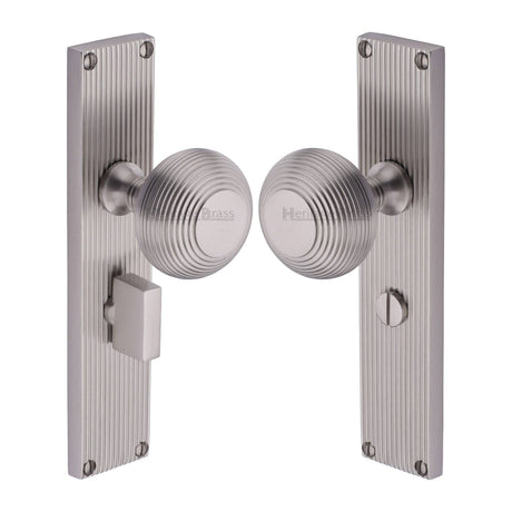 Heritage Brass Door Furniture Satin Nickel / Mortice Knobs Heritage Brass Mortice Knob on Reeded Bathroom Plate Beehive Design Satin Nickel finish