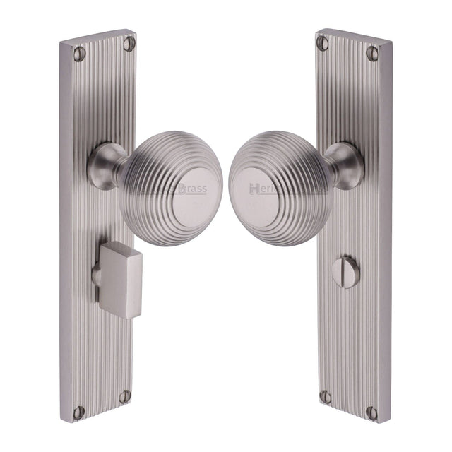 Heritage Brass Door Furniture Satin Nickel / Mortice Knobs Heritage Brass Mortice Knob on Reeded Bathroom Plate Beehive Design Satin Nickel finish