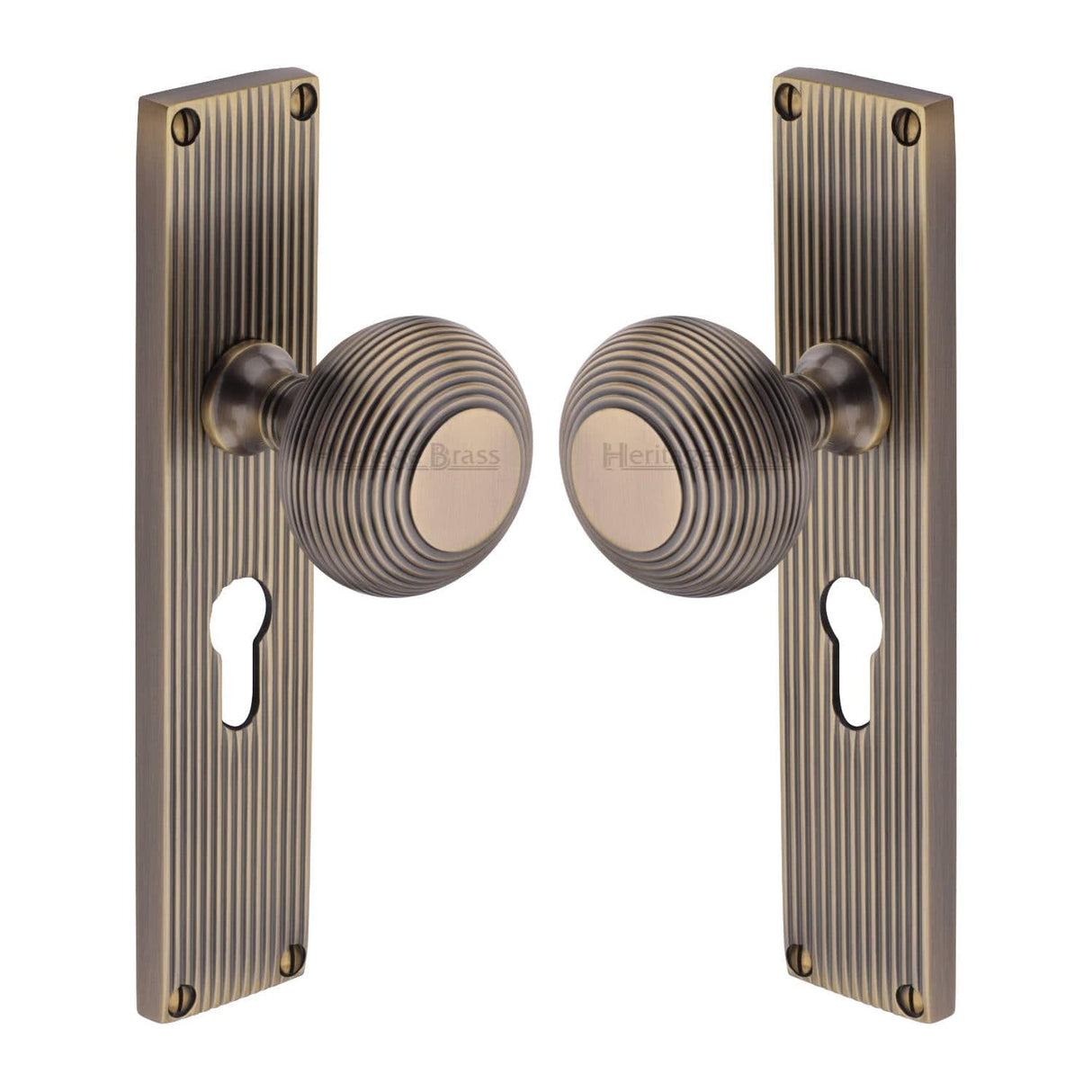Heritage Brass Door Furniture Antique Brass / Mortice Knobs Heritage Brass Mortice Knob on Reeded Euro Profile Plate Beehive Design Antique Brass finish