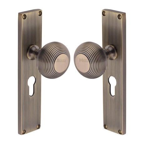 Heritage Brass Door Furniture Antique Brass / Mortice Knobs Heritage Brass Mortice Knob on Reeded Euro Profile Plate Beehive Design Antique Brass finish