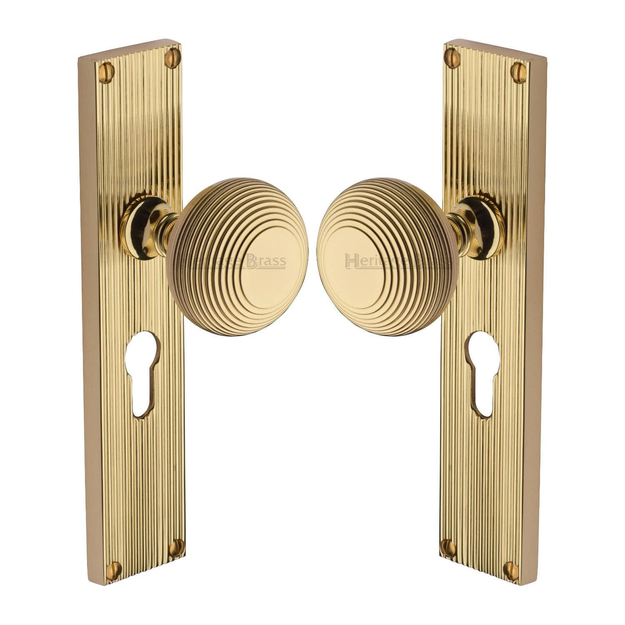 Heritage Brass Door Furniture Polished Brass / Mortice Knobs Heritage Brass Mortice Knob on Reeded Euro Profile Plate Beehive Design Polished Brass finish