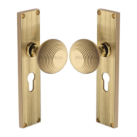 Heritage Brass Door Furniture Polished Brass / Mortice Knobs Heritage Brass Mortice Knob on Reeded Euro Profile Plate Beehive Design Polished Brass finish