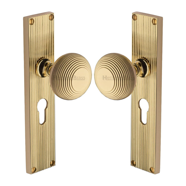 Heritage Brass Door Furniture Polished Brass / Mortice Knobs Heritage Brass Mortice Knob on Reeded Euro Profile Plate Beehive Design Polished Brass finish