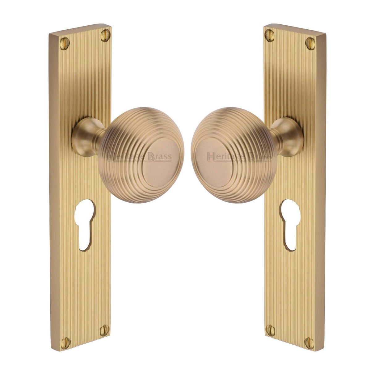Heritage Brass Door Furniture Satin Brass / Mortice Knobs Heritage Brass Mortice Knob on Reeded Euro Profile Plate Beehive Design Satin Brass finish