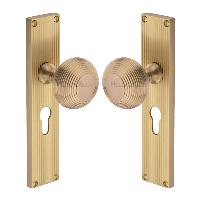 Heritage Brass Door Furniture Satin Brass / Mortice Knobs Heritage Brass Mortice Knob on Reeded Euro Profile Plate Beehive Design Satin Brass finish