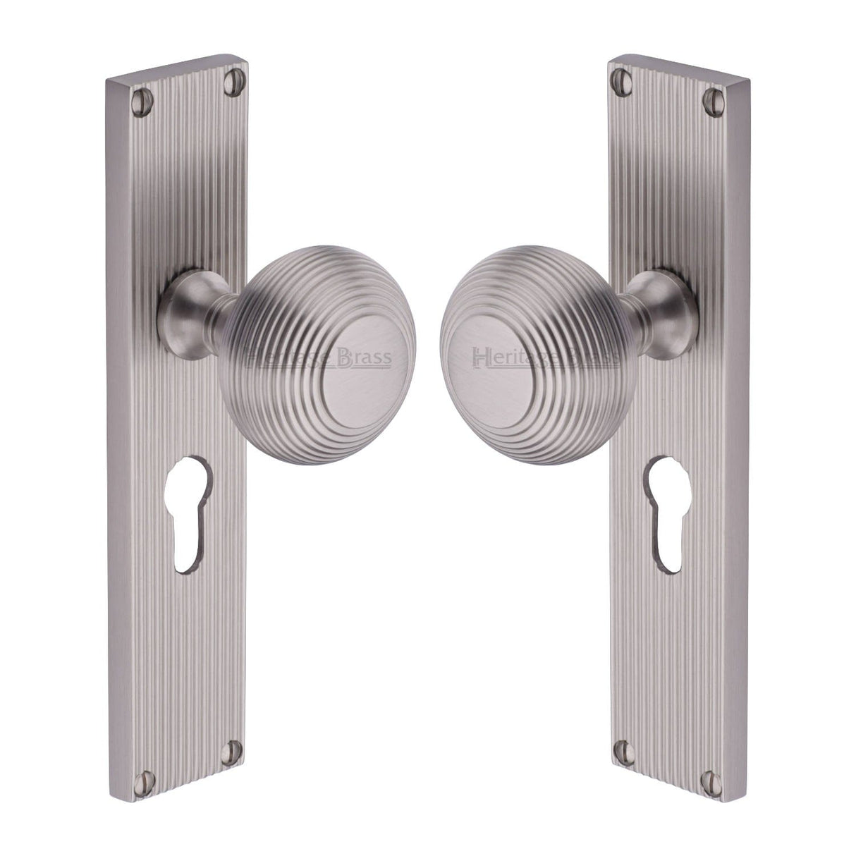 Heritage Brass Door Furniture Satin Nickel / Mortice Knobs Heritage Brass Mortice Knob on Reeded Euro Profile Plate Beehive Design Satin Nickel finish