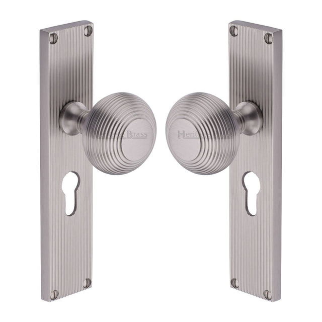 Heritage Brass Door Furniture Satin Nickel / Mortice Knobs Heritage Brass Mortice Knob on Reeded Euro Profile Plate Beehive Design Satin Nickel finish