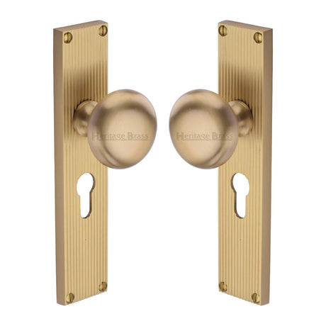 Heritage Brass Door Furniture Satin Brass / Mortice Knobs Heritage Brass Mortice Knob on Reeded Euro Profile Plate Victoria Design Satin Brass finish