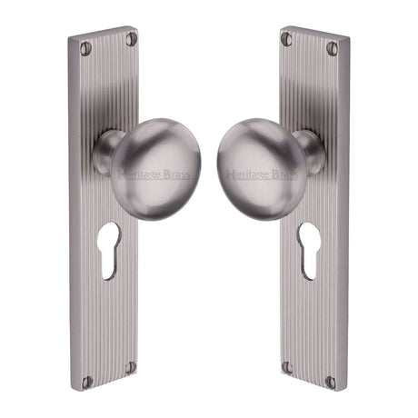 Heritage Brass Door Furniture Satin Nickel / Mortice Knobs Heritage Brass Mortice Knob on Reeded Euro Profile Plate Victoria Design Satin Nickel finish