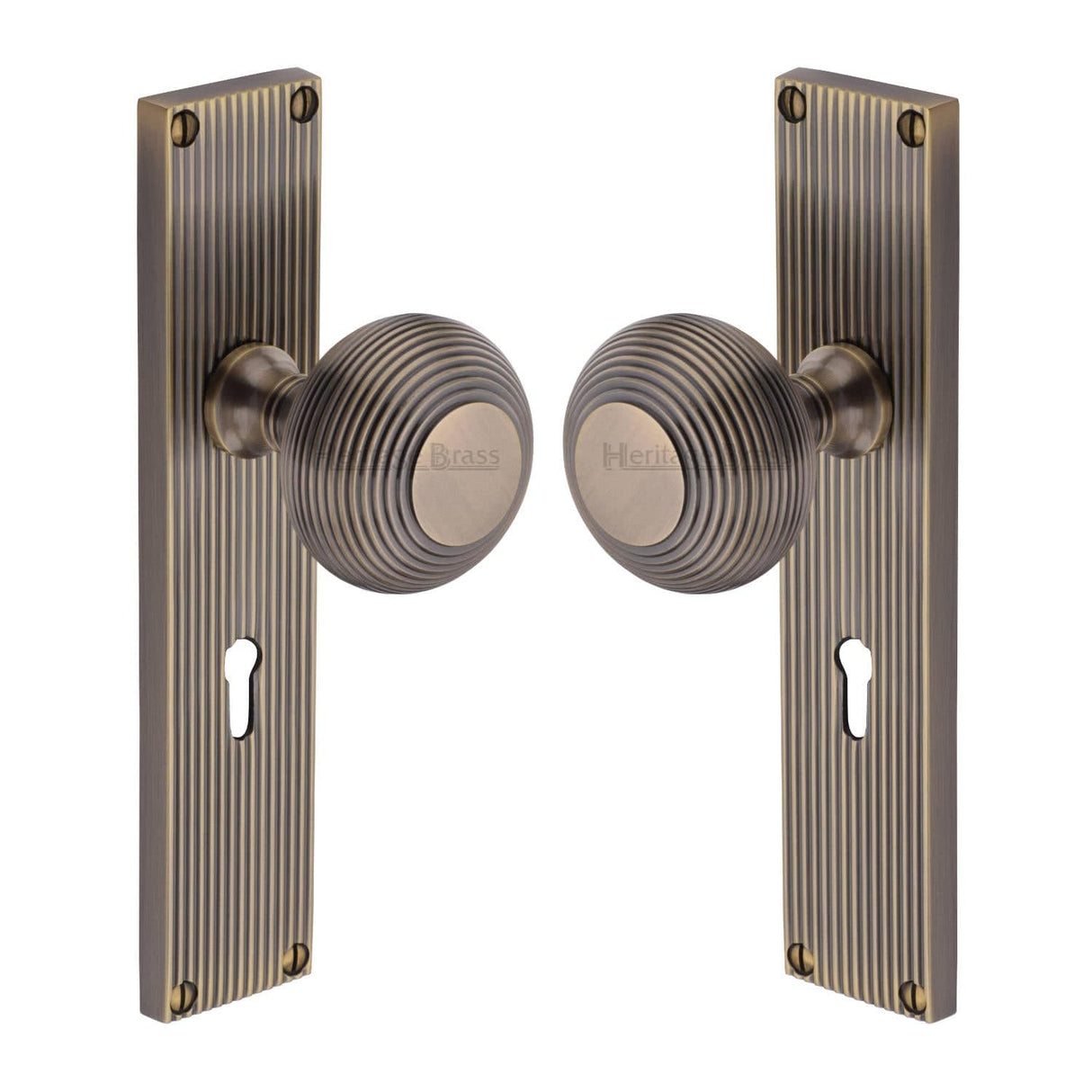Heritage Brass Door Furniture Antique Brass / Mortice Knobs Heritage Brass Mortice Knob on Reeded Lock Plate Beehive Design Antique Brass finish