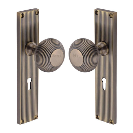 Heritage Brass Door Furniture Antique Brass / Mortice Knobs Heritage Brass Mortice Knob on Reeded Lock Plate Beehive Design Antique Brass finish