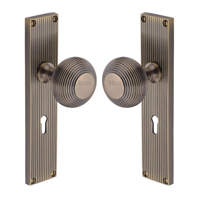 Heritage Brass Door Furniture Antique Brass / Mortice Knobs Heritage Brass Mortice Knob on Reeded Lock Plate Beehive Design Antique Brass finish