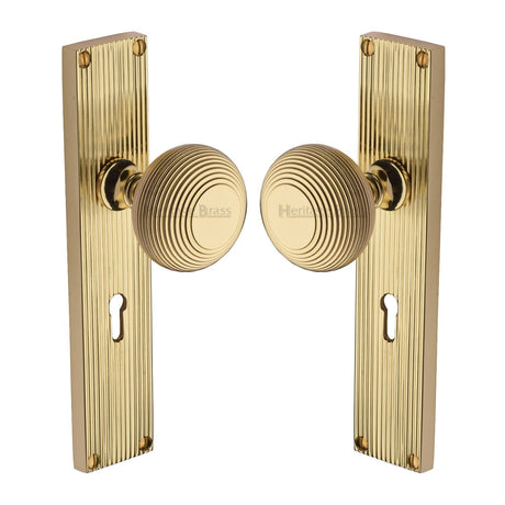 Heritage Brass Door Furniture Polished Brass / Mortice Knobs Heritage Brass Mortice Knob on Reeded Lock Plate Beehive Design Polished Brass finish