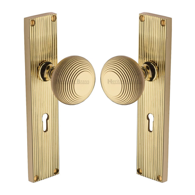 Heritage Brass Door Furniture Polished Brass / Mortice Knobs Heritage Brass Mortice Knob on Reeded Lock Plate Beehive Design Polished Brass finish