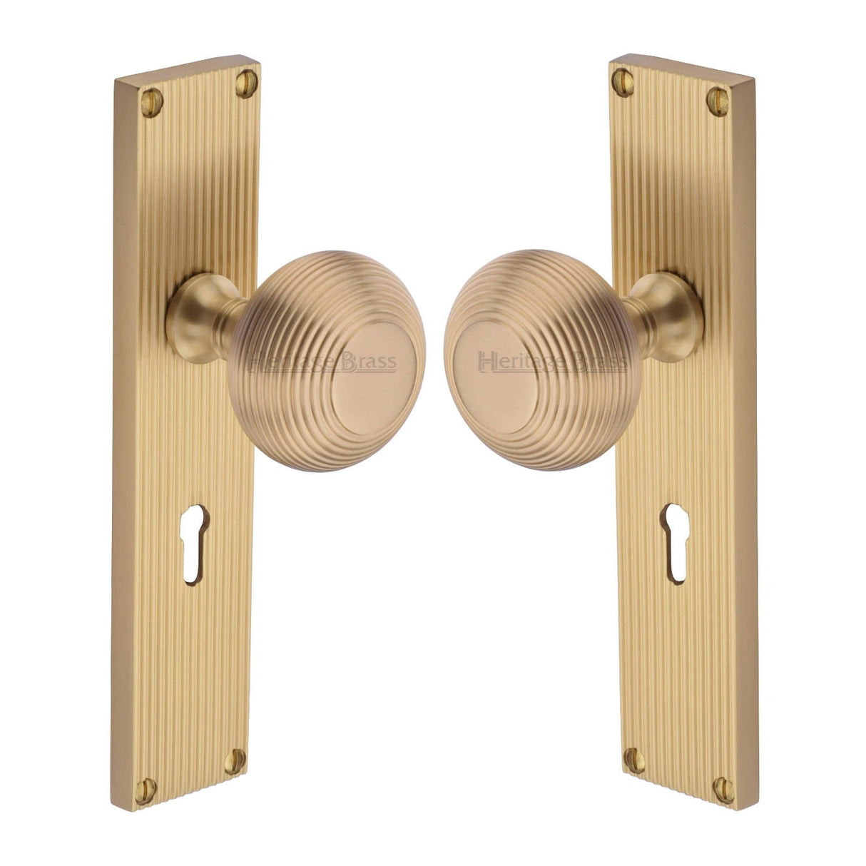 Heritage Brass Door Furniture Satin Brass / Mortice Knobs Heritage Brass Mortice Knob on Reeded Lock Plate Beehive Design Satin Brass finish