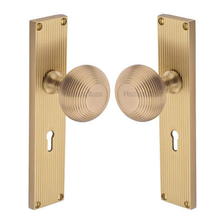 Heritage Brass Door Furniture Satin Brass / Mortice Knobs Heritage Brass Mortice Knob on Reeded Lock Plate Beehive Design Satin Brass finish