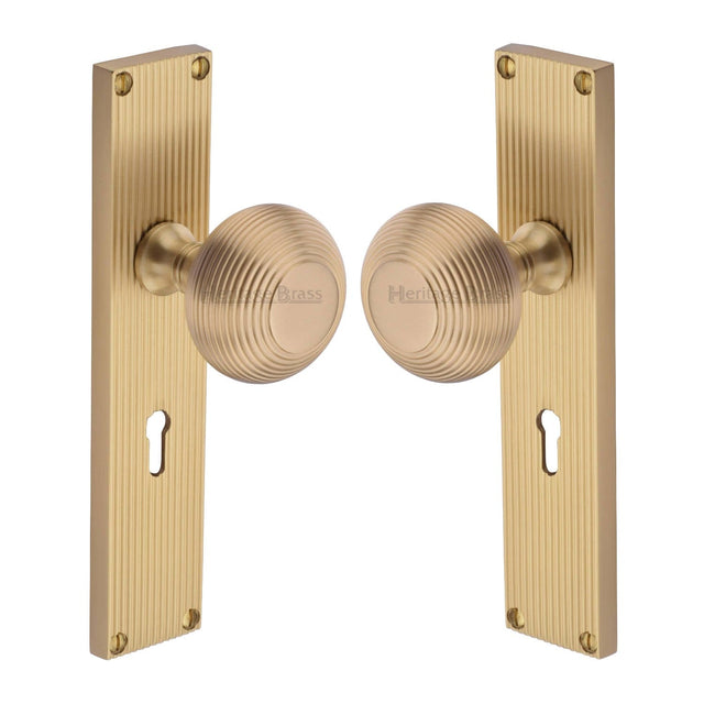 Heritage Brass Door Furniture Satin Brass / Mortice Knobs Heritage Brass Mortice Knob on Reeded Lock Plate Beehive Design Satin Brass finish