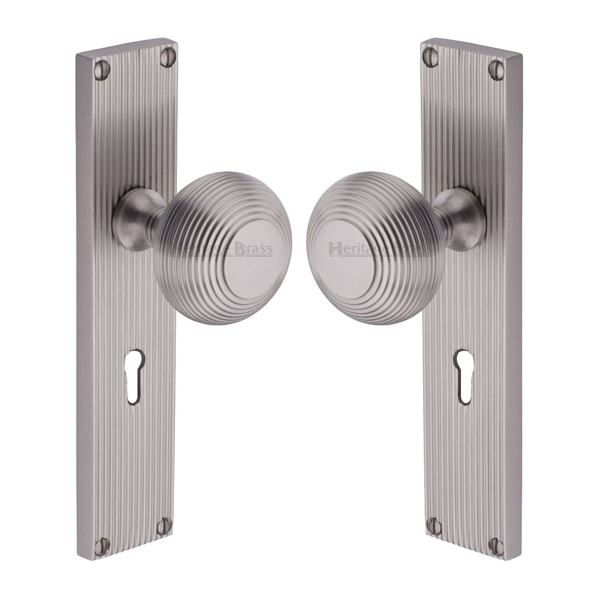 Heritage Brass Door Furniture Satin Nickel / Mortice Knobs Heritage Brass Mortice Knob on Reeded Lock Plate Beehive Design Satin Nickel finish