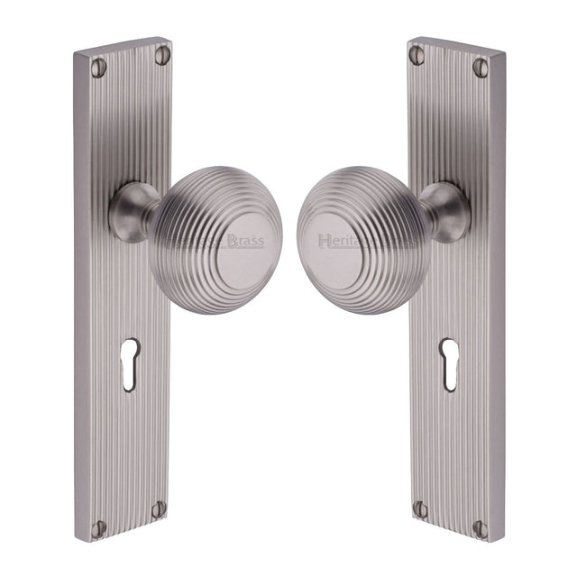 Heritage Brass Door Furniture Satin Nickel / Mortice Knobs Heritage Brass Mortice Knob on Reeded Lock Plate Beehive Design Satin Nickel finish