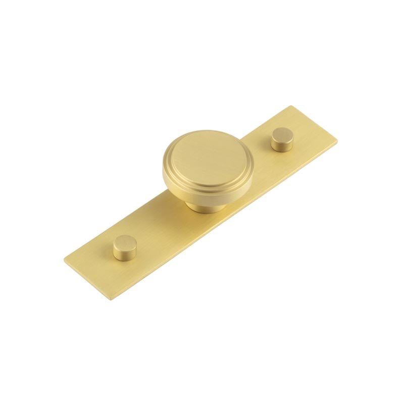 This is an image showing the Frelan - Cropley Cupboard Knobs 40mm Plain Backplate Satin Brass available to order from Trade Door Handles in Kendal