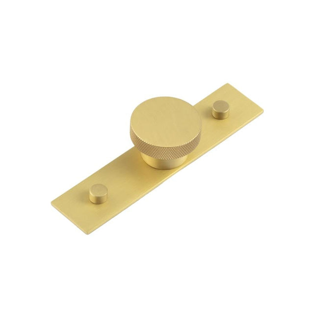 This is an image showing the Frelan - Wenlock Cupboard Knobs 40mm Plain Backplate Satin Brass available to order from Trade Door Handles in Kendal