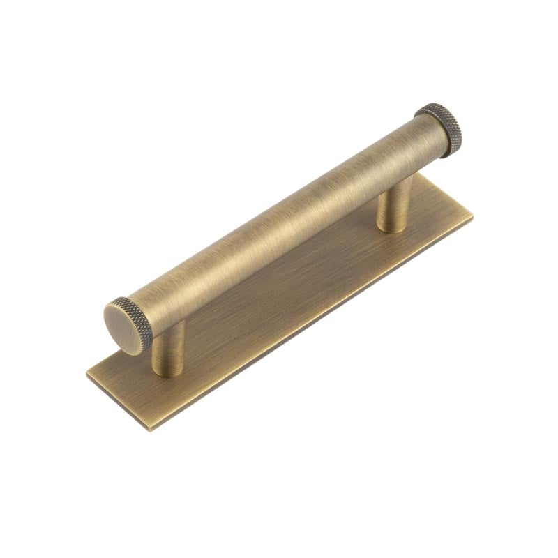 This is an image showing the Frelan - Hoxton Wenlock Cabinet Handles 96mm Ctrs Plain Backplate Antique Brass available to order from Trade Door Handles in Kendal