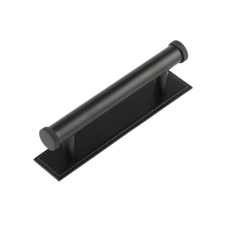 High quality image of Hoxton - Wenlock Cabinet Handles 96mm Ctrs Stepped Backplate Matt Black Sku. HOX-150MB-6050MB