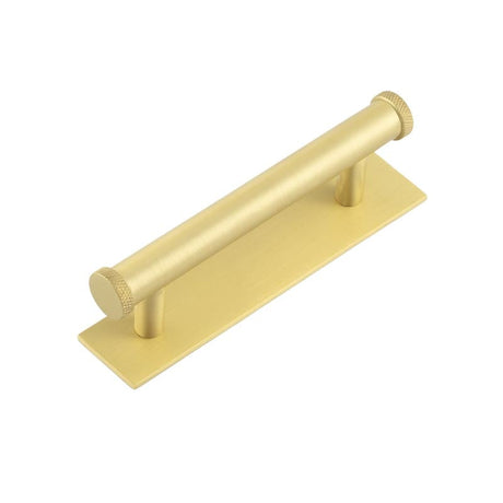 This is an image showing the Frelan - Hoxton Wenlock Cabinet Handles 96mm Ctrs Plain Backplate Satin Brass available to order from Trade Door Handles in Kendal