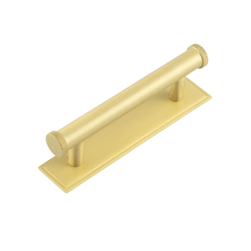 High quality image of Frelan - Hoxton Wenlock Cabinet Handles 96mm Ctrs Stepped Backplate Satin Brass | Sku. hox-150sb-6050sb | available to order from Trade Door Handles in Kendal.
