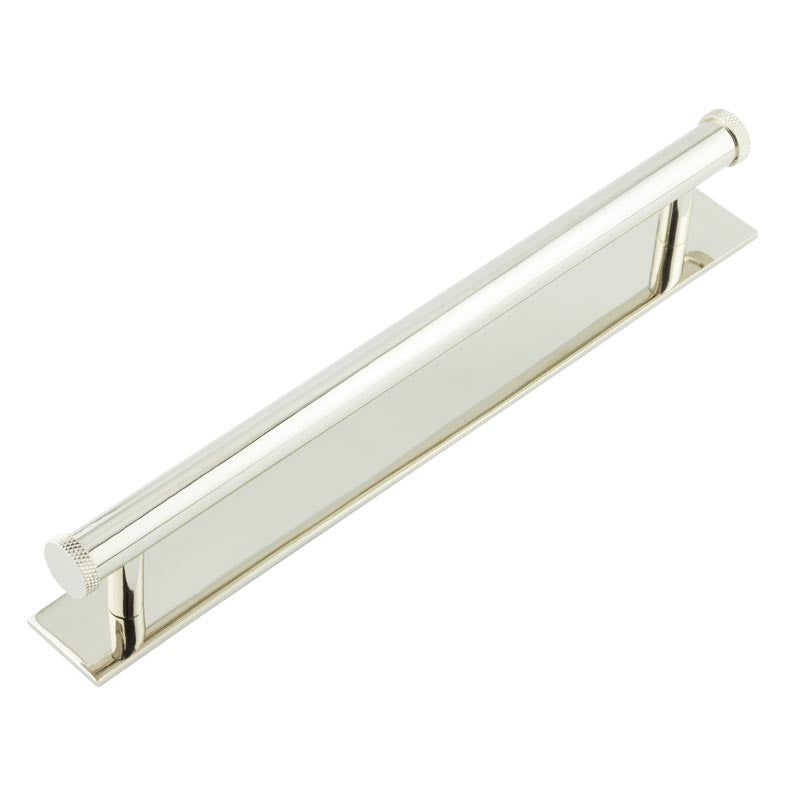 High quality image of Hoxton - Wenlock Cabinet Handles 224mm Ctrs Plain Backplate Polished Nickel Sku. HOX-160PN-5060PN