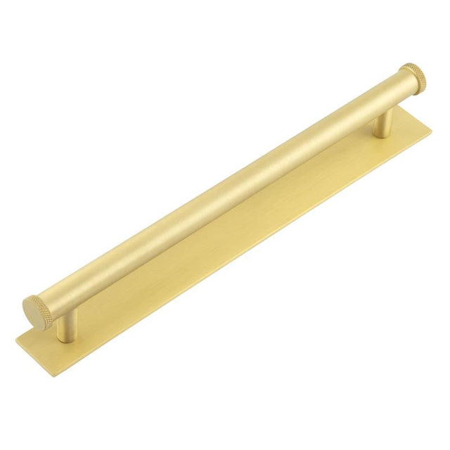 This is an image showing the Frelan - Hoxton Wenlock Cabinet Handles 224mm Ctrs Plain Backplate Satin Brass available to order from Trade Door Handles in Kendal