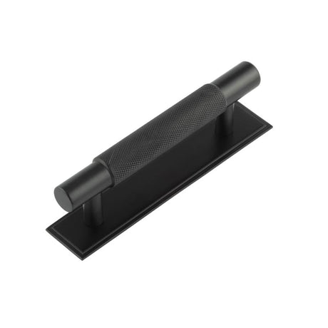 This is an image showing the Frelan - Hoxton Taplow Cabinet Handles 96mm Ctrs Stepped Backplate Matt Black available to order from Trade Door Handles in Kendal