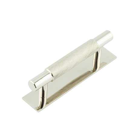 This is an image showing the Frelan - Hoxton Taplow Cabinet Handles 96mm Ctrs Plain Backplate Polished Nickel available to order from Trade Door Handles in Kendal