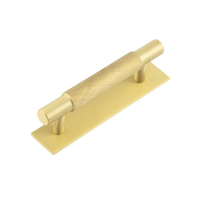 High quality image of Hoxton - Taplow Cabinet Handles 96mm Ctrs Plain Backplate Satin Brass Sku. HOX-2050SB-5050SB