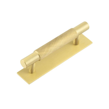 This is an image showing the Frelan - Hoxton Taplow Cabinet Handles 96mm Ctrs Plain Backplate Satin Brass available to order from Trade Door Handles in Kendal