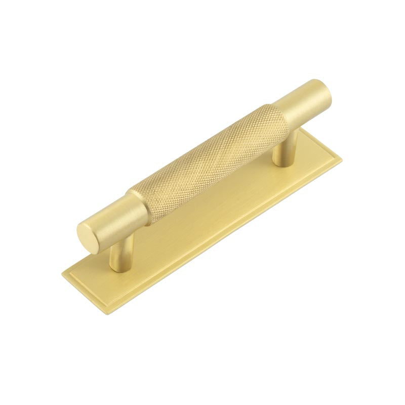 High quality image of Hoxton - Taplow Cabinet Handles 96mm Ctrs Stepped Backplate Satin Brass Sku. HOX-2050SB-6050SB