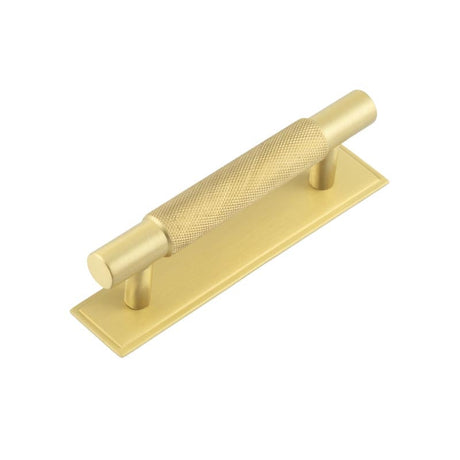 This is an image showing the Frelan - Hoxton Taplow Cabinet Handles 96mm Ctrs Stepped Backplate Satin Brass available to order from Trade Door Handles in Kendal