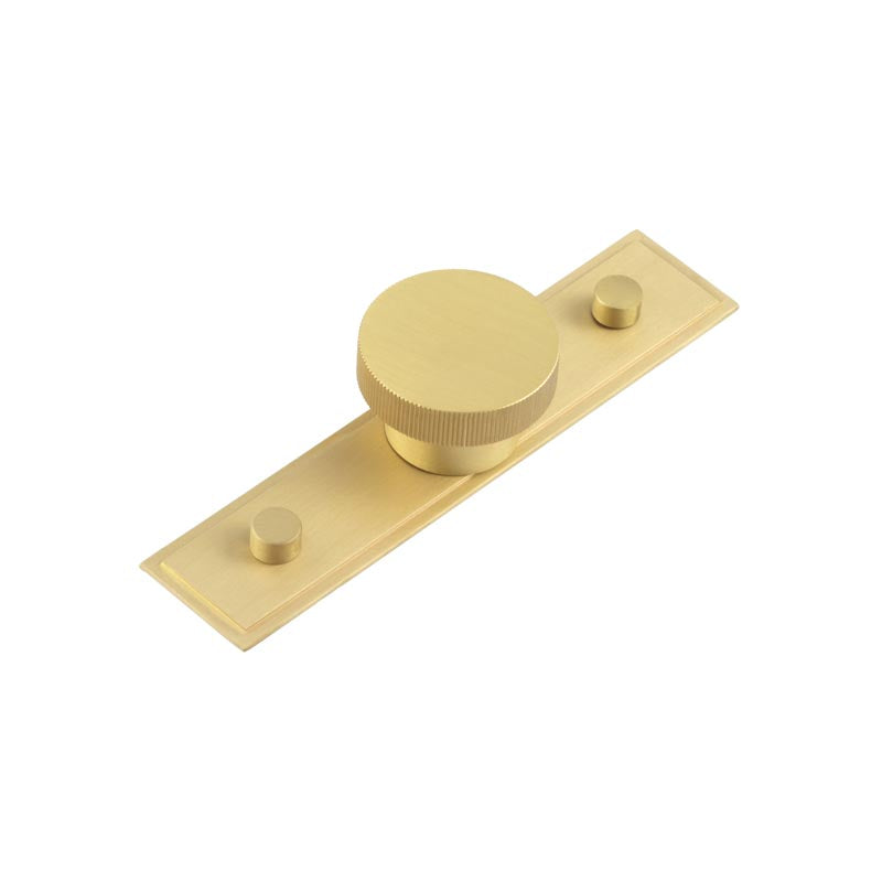 High quality image of Hoxton - Thaxted Cupboard Knobs 40mm Stepped Backplate Satin Brass Sku. HOX-240SB-6090SB