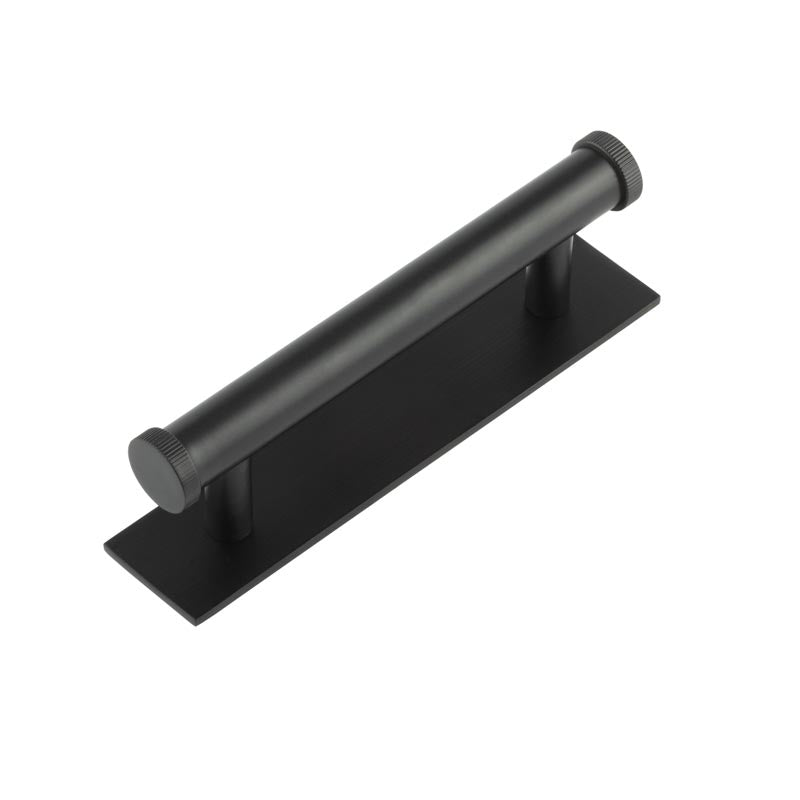 High quality image of Hoxton - Thaxted Cabinet Handles 96mm Ctrs Plain Backplate Matt Black Sku. HOX-250MB-5050MB