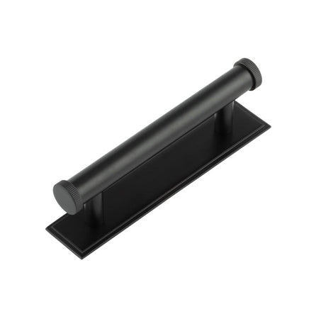High quality image of Hoxton - Thaxted Cabinet Handles 96mm Ctrs Stepped Backplate Matt Black Sku. HOX-250MB-6050MB