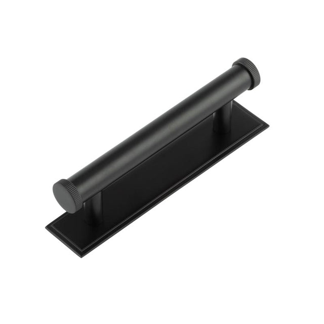High quality image of Hoxton - Thaxted Cabinet Handles 96mm Ctrs Stepped Backplate Matt Black Sku. HOX-250MB-6050MB