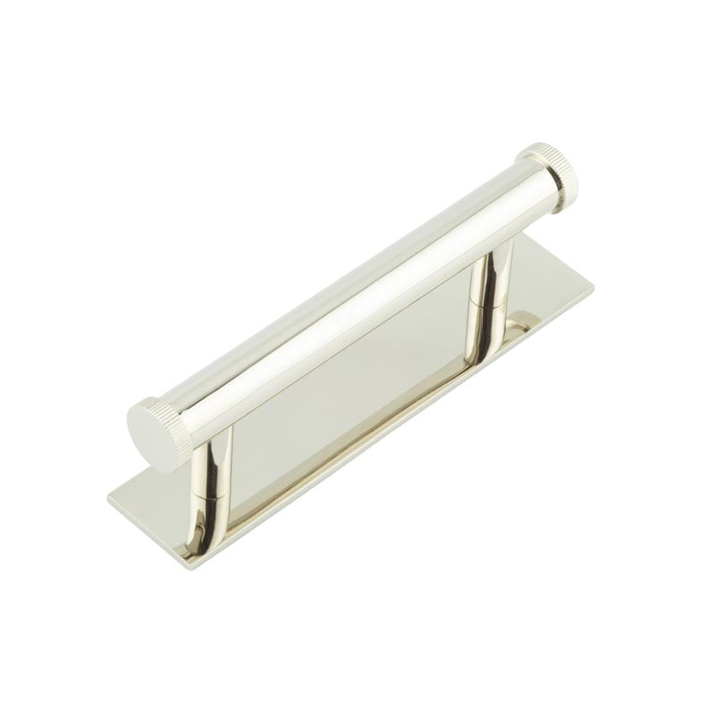 This is an image showing the Frelan - Hoxton Thaxted Cabinet Handles 96mm Ctrs Plain Backplate Polished Nickel available to order from Trade Door Handles in Kendal