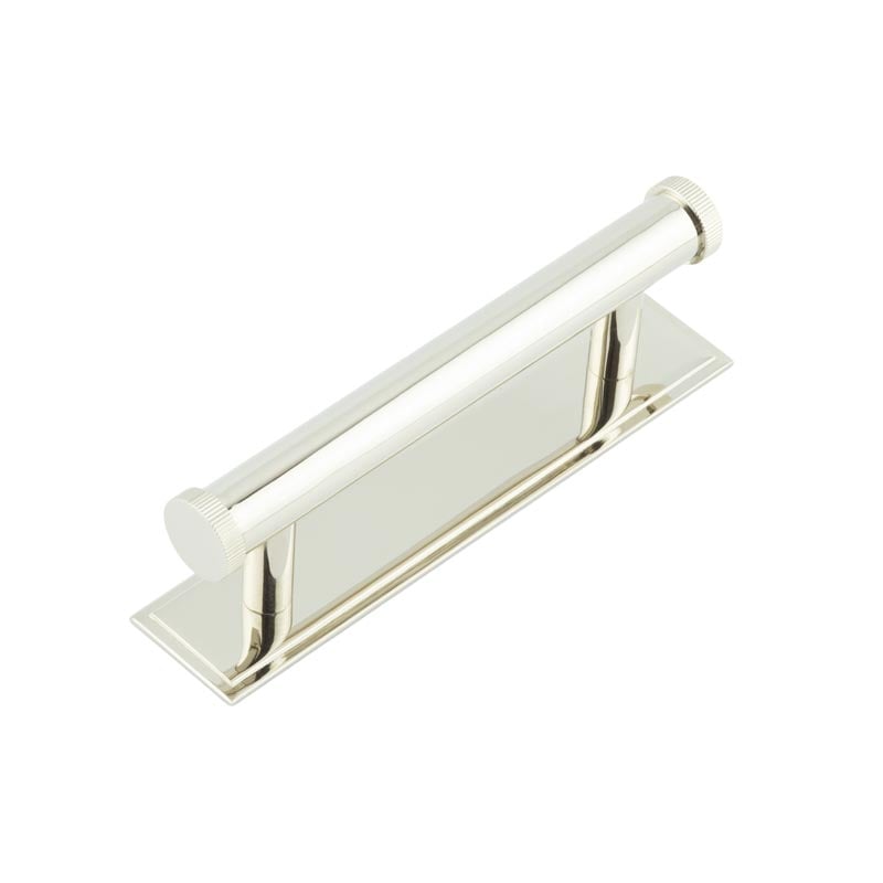 This is an image showing the Frelan - Hoxton Thaxted Cabinet Handles 96mm Ctrs Stepped Backplate Polished Nickel available to order from Trade Door Handles in Kendal