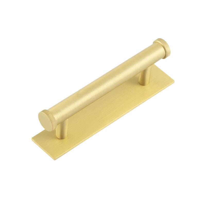 High quality image of Hoxton - Thaxted Cabinet Handles 96mm Ctrs Plain Backplate Satin Brass Sku. HOX-250SB-5050SB