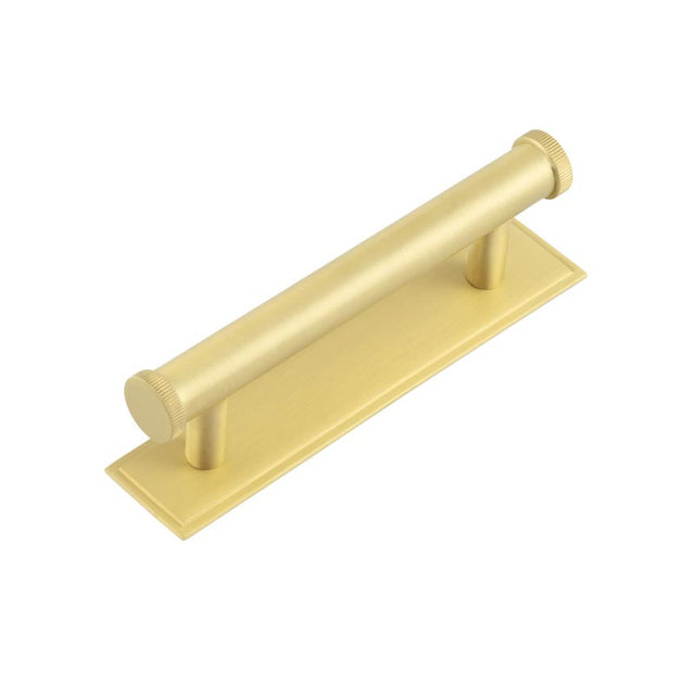 High quality image of Hoxton - Thaxted Cabinet Handles 96mm Ctrs Stepped Backplate Satin Brass Sku. HOX-250SB-6050SB