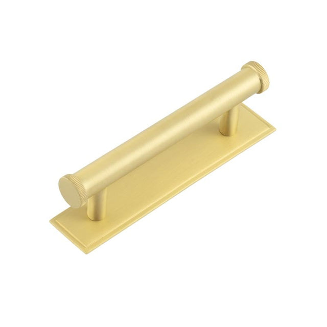 This is an image showing the Frelan - Hoxton Thaxted Cabinet Handles 96mm Ctrs Stepped Backplate Satin Brass available to order from Trade Door Handles in Kendal