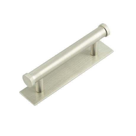 This is an image showing the Frelan - Hoxton Thaxted Cabinet Handles 96mm Ctrs Plain Backplate Satin Nickel available to order from Trade Door Handles in Kendal