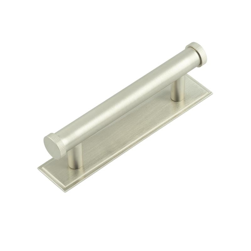 High quality image of Hoxton - Thaxted Cabinet Handles 96mm Ctrs Stepped Backplate Satin Nickel Sku. HOX-250SN-6050SN