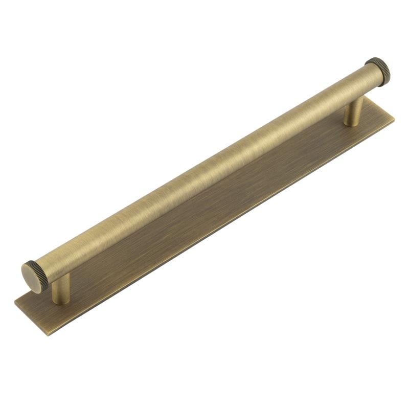 This is an image showing the Frelan - Hoxton Thaxted Cabinet Handles 224mm Ctrs Plain Backplate Antique Brass available to order from Trade Door Handles in Kendal